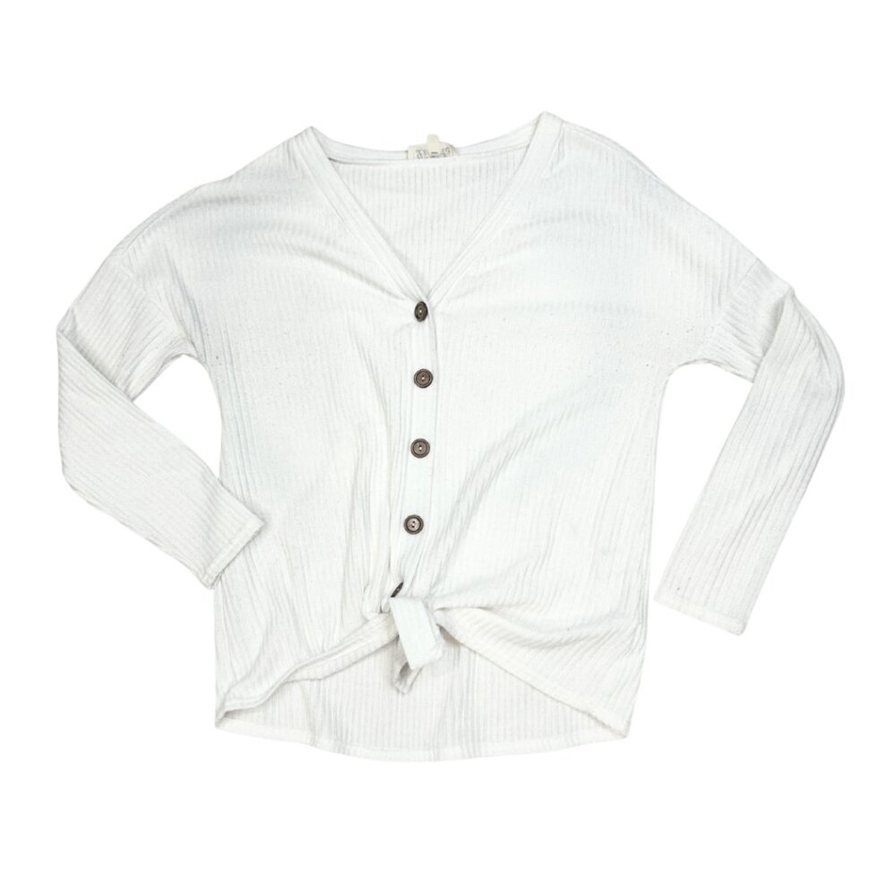 Listicle Large Women Long Sleeve White Shirt Ribbed Front Tie Button V Neck